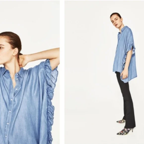 Zata Blue Ruffled Button-Up Shirt - Picture 1 of 6